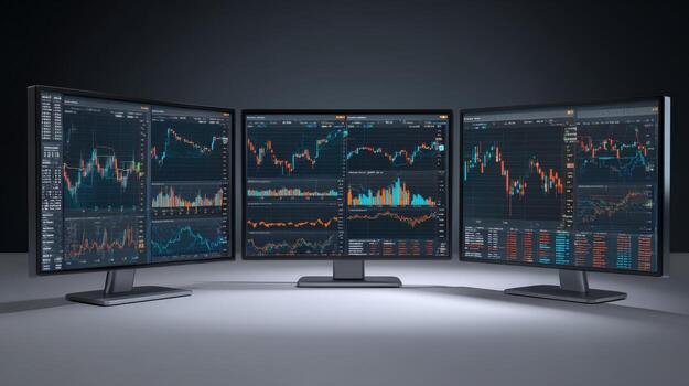 Three trading monitors showing price charts